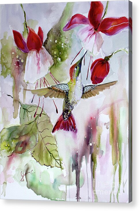Hummingbirds Acrylic Print featuring the painting Hummingbird and flowers by Ginette Callaway