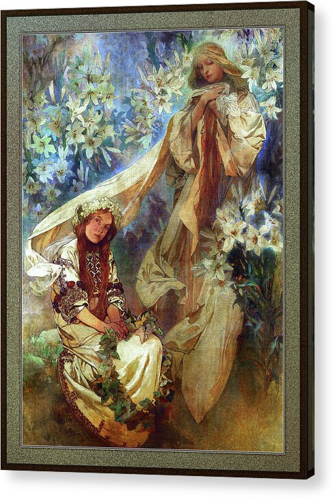 Madonna Of The Lilies Acrylic Print featuring the painting Madonna of the Lilies by Alphonse Mucha by Rolando Burbon