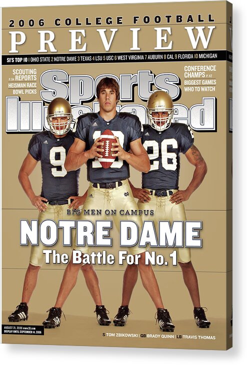 Brady Quinn Acrylic Print featuring the photograph Notre Dame Qb Brady Quinn, Travis Thomas, And Tom Zbikowski Sports Illustrated Cover by Sports Illustrated