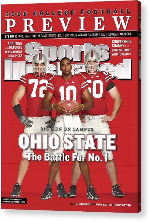 Sports Illustrated Acrylic Print featuring the photograph Ohio State Troy Smith, Doug Datish, T.j. Downing Sports Illustrated Cover by Sports Illustrated