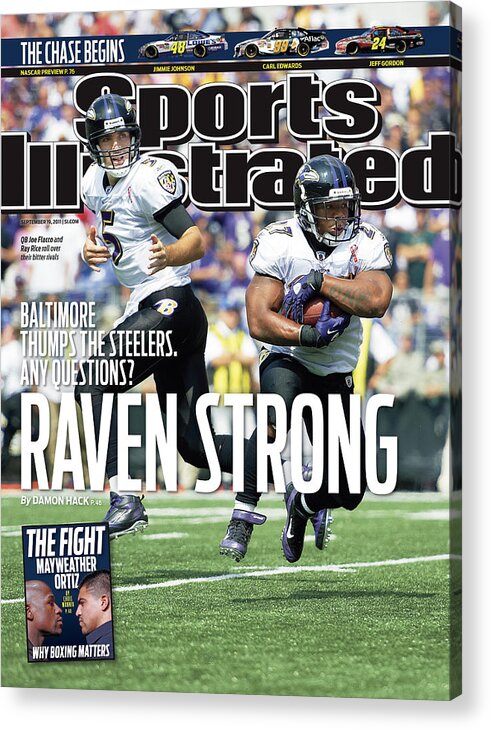 Magazine Cover Acrylic Print featuring the photograph Raven Strong Baltimore Thumps The Steelers. Any Questions Sports Illustrated Cover by Sports Illustrated