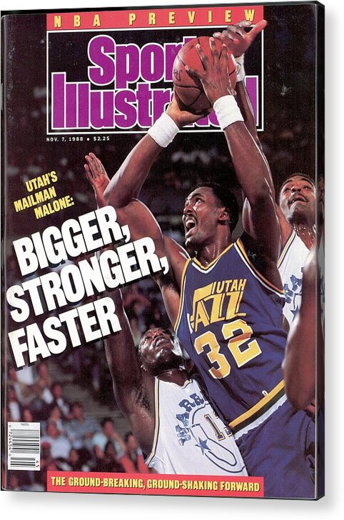 Ralph Sampson Acrylic Print featuring the photograph Utah Jazz Karl Malone, 1988 Nba Baseball Preview Sports Illustrated Cover by Sports Illustrated