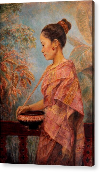 Lao Lady Acrylic Print featuring the painting Going to the Temple by Sompaseuth Chounlamany