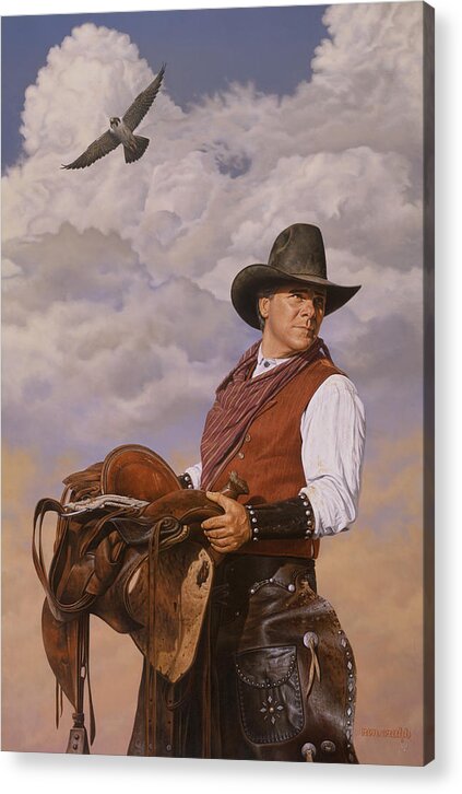Cowboy Acrylic Print featuring the painting Saddle 'em Up by Ron Crabb
