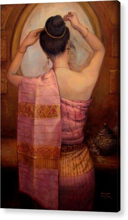 Lao Lady Acrylic Print featuring the painting Hairpin #1 by Sompaseuth Chounlamany