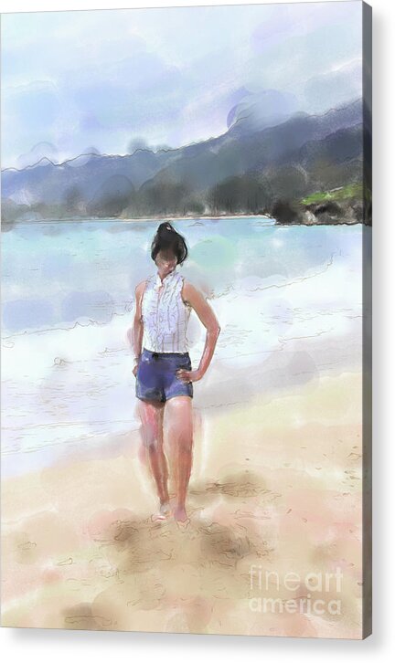Beach Acrylic Print featuring the digital art Woman on the Beach Watercolor by Tanya Owens