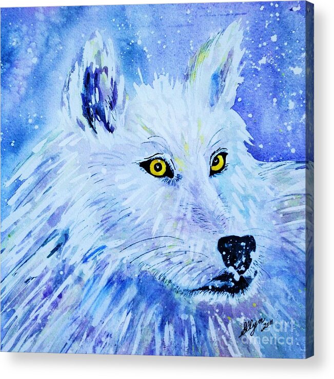 Aurora Acrylic Print featuring the painting White Wolf - Aurora Nights In Blues - Square by Ellen Levinson