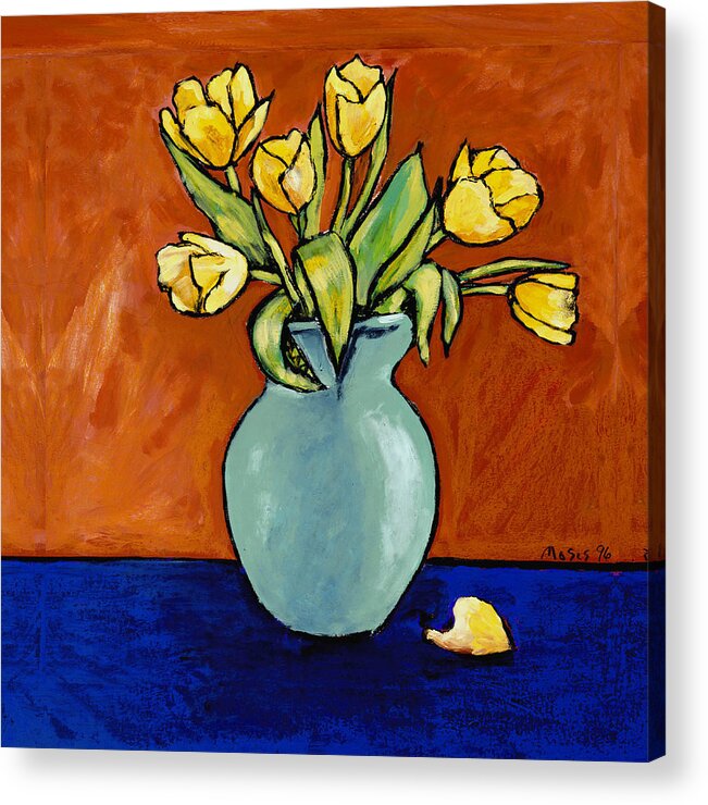 Flowers Acrylic Print featuring the painting Yellow Tulips In A Turquoise Vase by Dale Moses