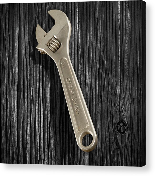 Black Acrylic Print featuring the photograph Adjustable Wrench over Black and White Wood 72 by YoPedro