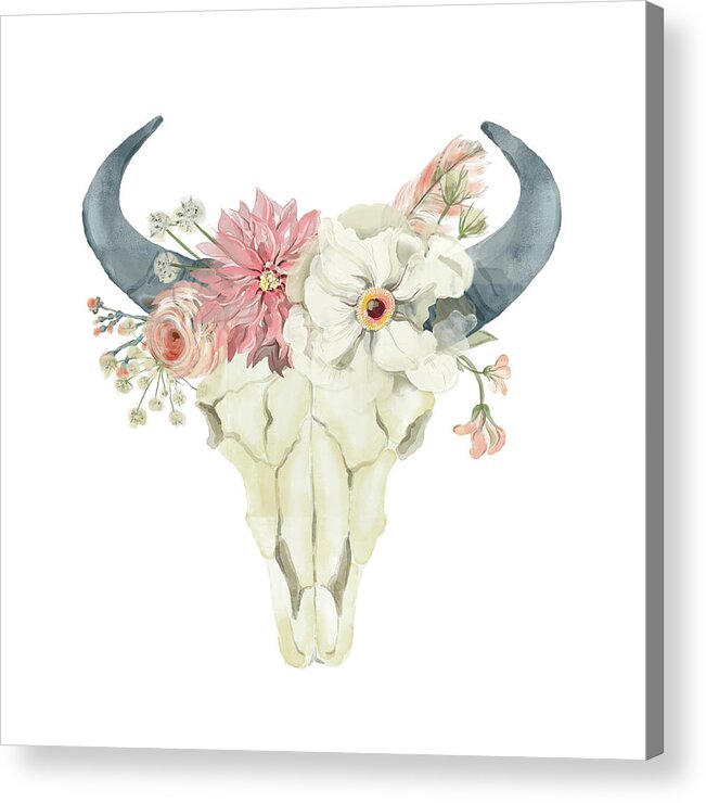 Bull Acrylic Print featuring the digital art Boho Bull Skull Watercolor Floral Anemone Tribal Decor by Pink Forest Cafe
