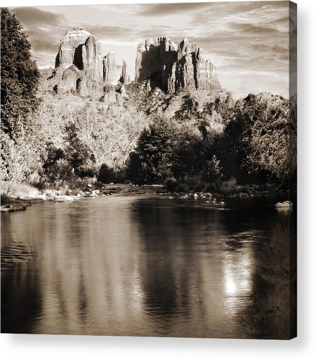 Red Rocks Acrylic Print featuring the photograph Cathedral Rock Reflection by Bob Coates