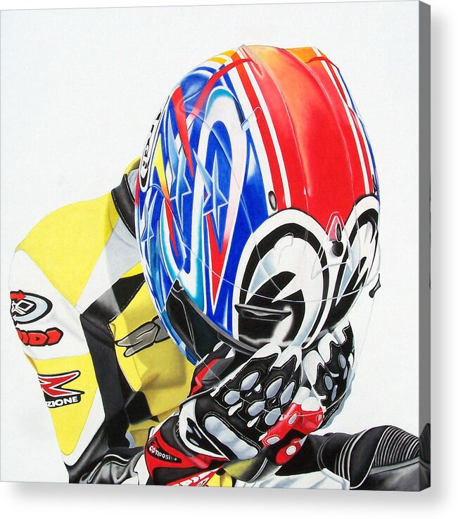 Motorcycle Rider Motosport Racing Self Portrait Spidi Leather Suit Arai Figurative Realism Dark Acrylic Print featuring the painting First Breath From Coma by Ian Hemingway