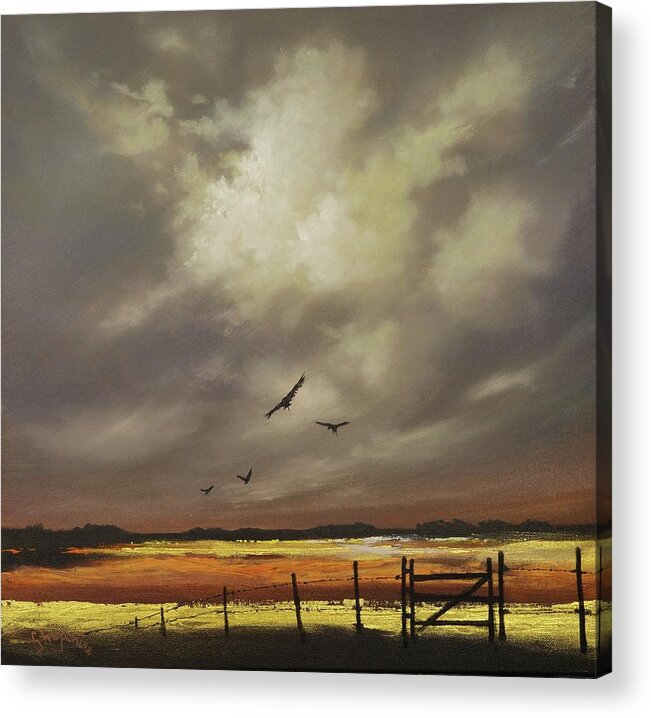 Contemporary Landscape; Orange And Gold; Billowing Clouds; Soaring Birds; Tom Shropshire Painting Acrylic Print featuring the painting Harvest Gold by Tom Shropshire