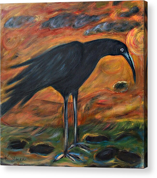 Katt Yanda Original Art Oil Painting Long Legged Crow Acrylic Print featuring the painting Long Legged Crow by Katt Yanda