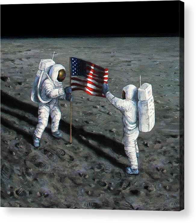 Astronauts Acrylic Print featuring the mixed media Deploying The Flag by Lucy West