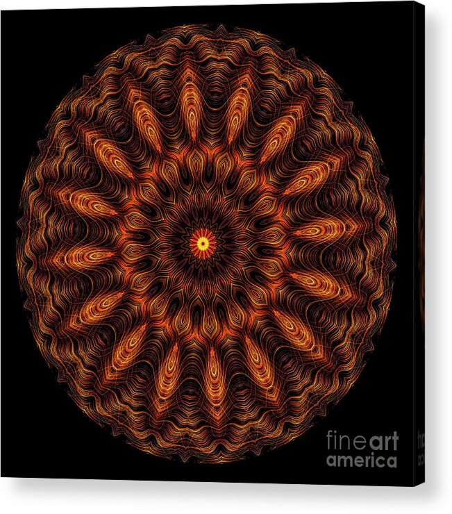 3 Dimensional Acrylic Print featuring the digital art Intricate 13 orange, red and yellow mandala kaleidoscope by Amy Cicconi