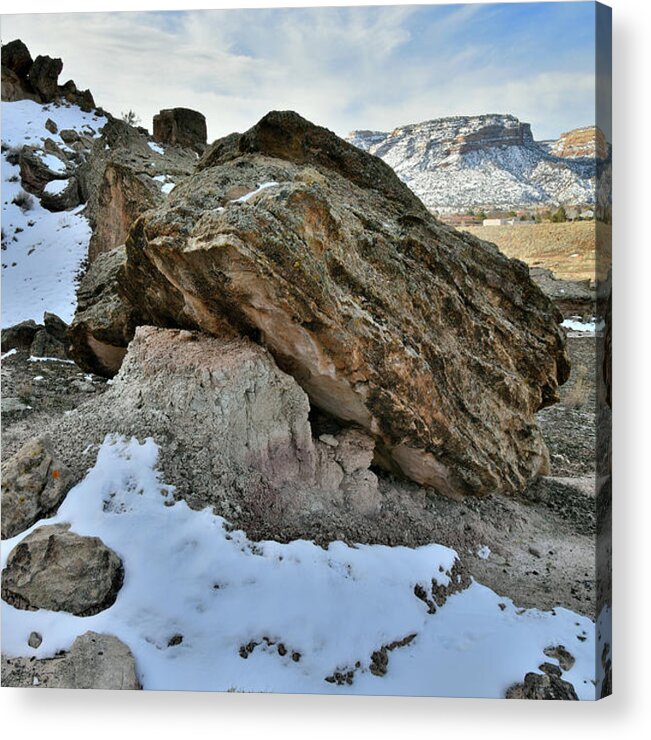 Red Point Acrylic Print featuring the photograph Snow Mosaics Beneath Red Point Boulders by Ray Mathis