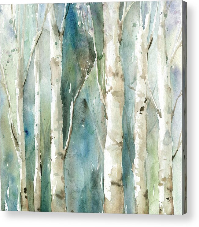 Contemporary Watercolor Birch Trees Washy Teals Greens Tan Acrylic Print featuring the painting Watery Birch 1 by Carol Robinson