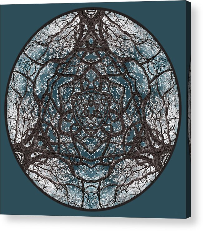 Celtic Acrylic Print featuring the photograph CeltOak Creation - Celtic trinity knot triquetra vibes evoked by kaleidoscopic view of an oak tree by Peter Herman