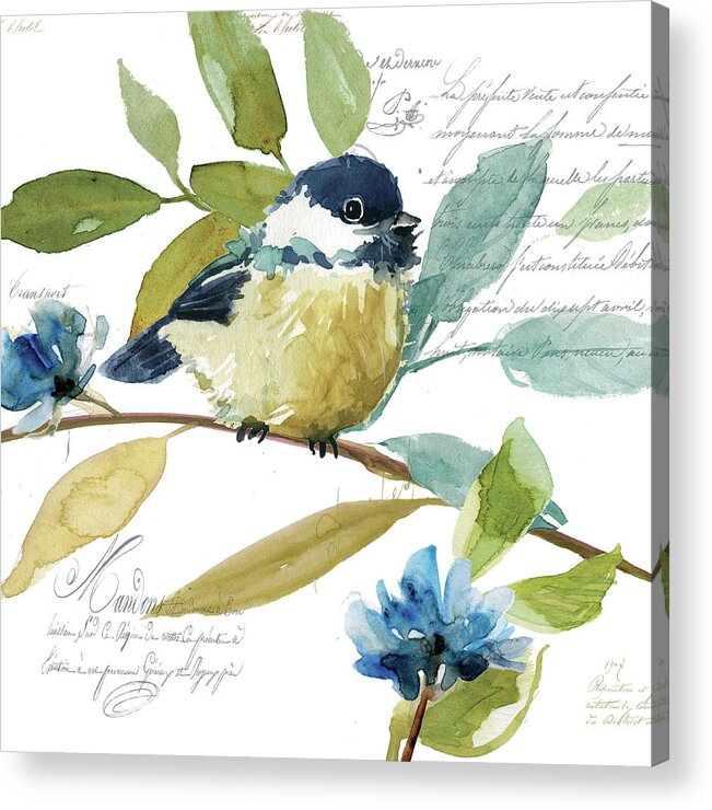 Blue Indigo Teal Green Yellow Watercolor Chickadee And Leaves Acrylic Print featuring the painting Garden Sketchbook Chickadee by Carol Robinson