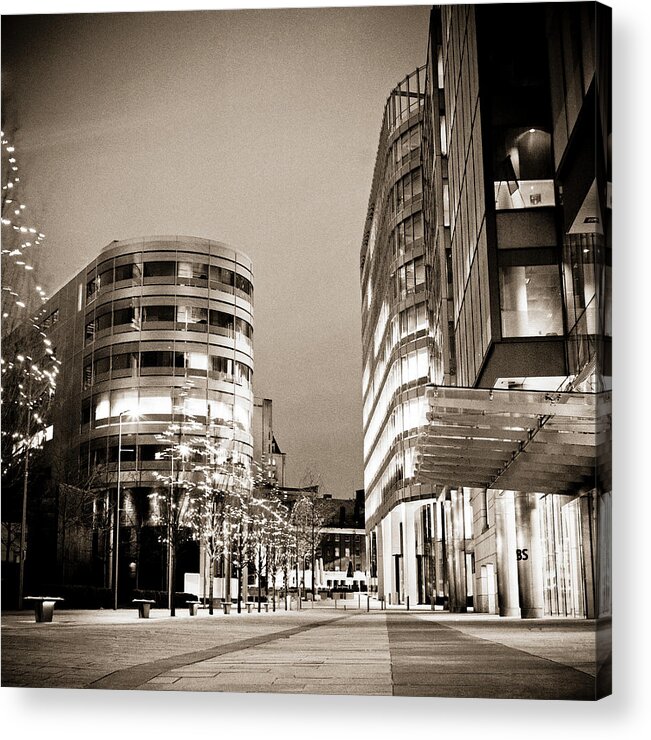 B&w Acrylic Print featuring the photograph Spinningfields at night by Neil Alexander Photography