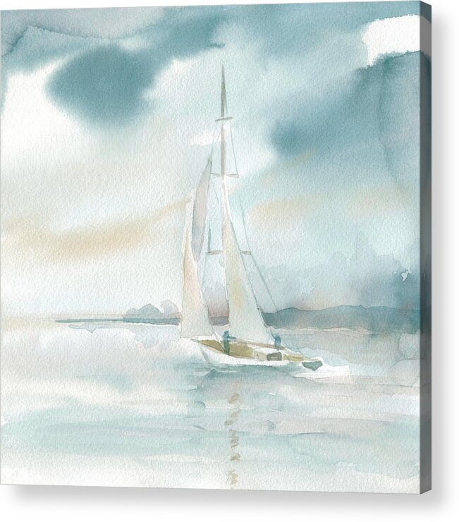 Ocean Sea Sailboat Watercolor Teal Coastal Seascape Acrylic Print featuring the painting Subtle Mist 1 by Carol Robinson