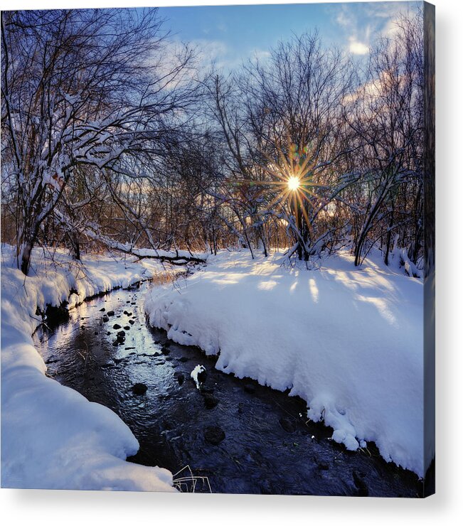 Snowscape Acrylic Print featuring the photograph Watery Winterscape - Snow-frosted Anthony Branch creek in WI by Peter Herman