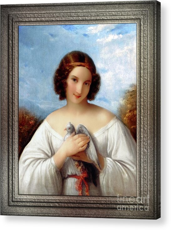 Portrait Of A Young Girl With A Dove Acrylic Print featuring the painting Portrait of a Young Girl with a Dove by Natale Schiavoni Old Masters Reproduction by Rolando Burbon