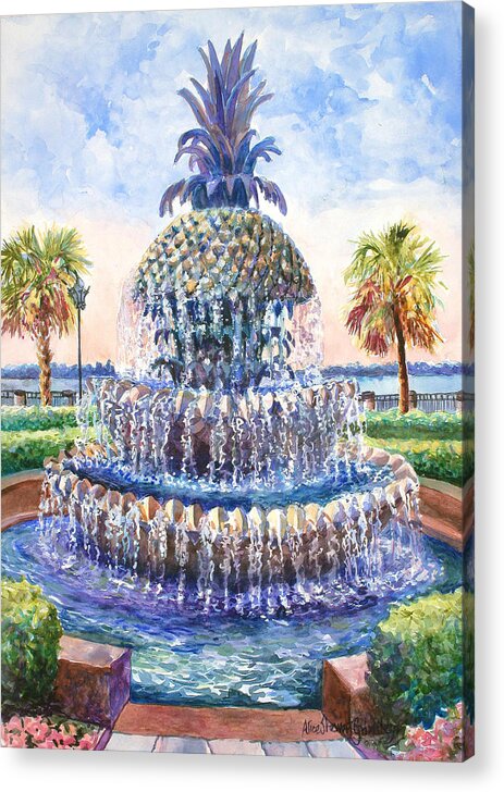 Charleston Acrylic Print featuring the painting Charleston's Pineapple Fountain by Alice Grimsley