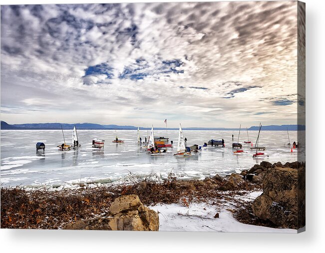 Ice Acrylic Print featuring the photograph Ice boats on Lake Pepin by Al Mueller
