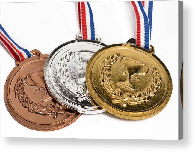 White Background Acrylic Print featuring the photograph . Medals Isolated On White by Ilbusca