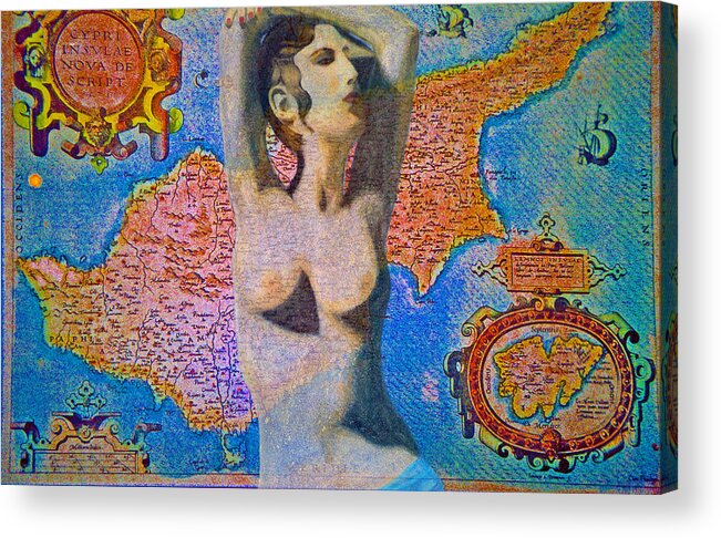 Augusta Stylianou Acrylic Print featuring the digital art Aphrodite and Ancient Cyprus Map by Augusta Stylianou