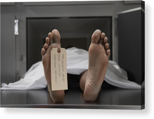 The End Acrylic Print featuring the photograph 'Cadaver on autopsy table, label tied to toe, close-up' #1 by Darrin Klimek