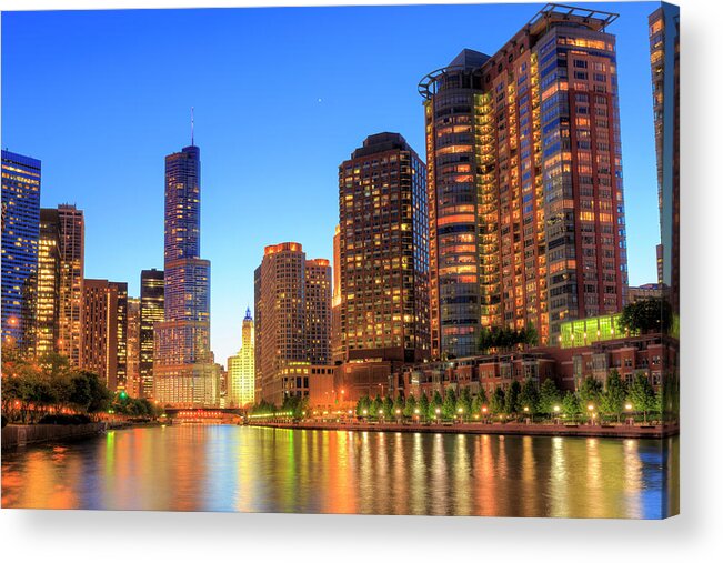 Downtown District Acrylic Print featuring the photograph Chicago Downtown By Night #1 by Pawel.gaul