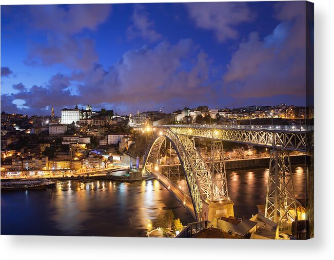 Porto Acrylic Print featuring the photograph City of Porto in Portugal by Night #1 by Artur Bogacki
