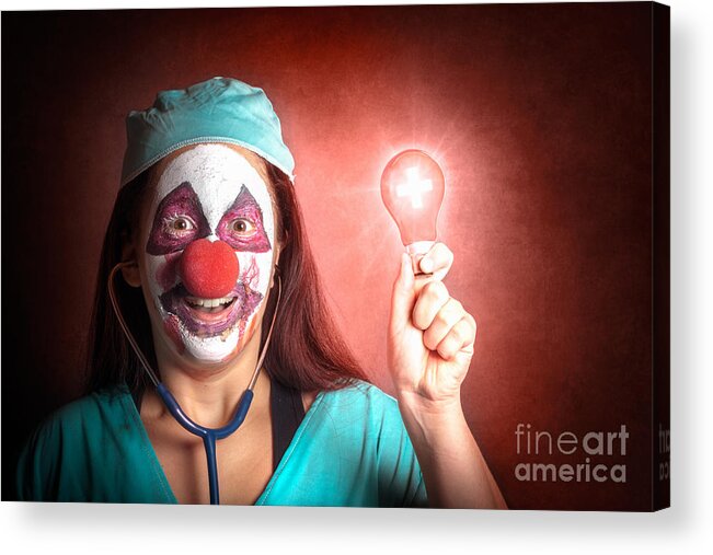 Clown Acrylic Print featuring the photograph Clown doctor holding red emergency lightbulb #1 by Jorgo Photography