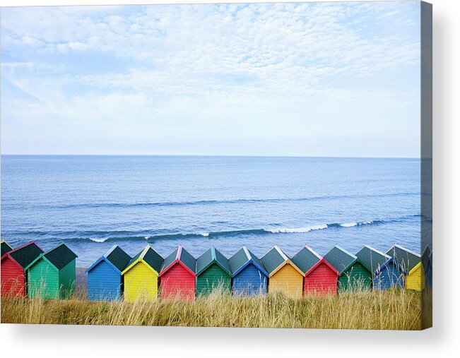Scenics Acrylic Print featuring the photograph Colourful Beach Huts Along The Seafront #1 by Andrew Bret Wallis