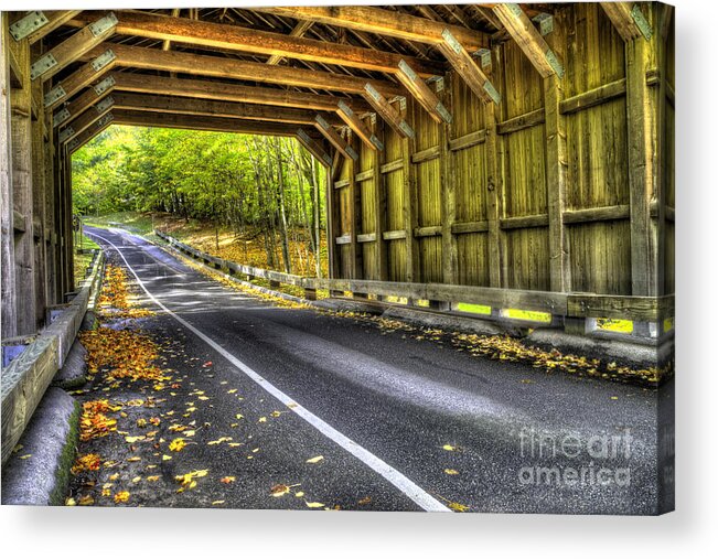 Fall Acrylic Print featuring the photograph Covered Bridge on Pierce Stocking Scenic Drive #1 by Twenty Two North Photography
