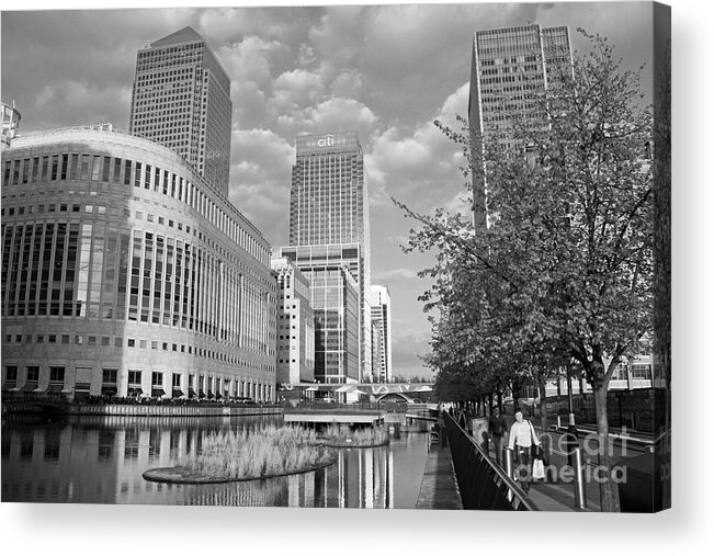 Docklands London Uk England English Dock City Modern Buildings Towers Skyscrapers Skyscraper Power British Britain Reflection Reflected Summer Calm Tranquil Water Acrylic Print featuring the photograph Canary Wharf Docklands London by Julia Gavin