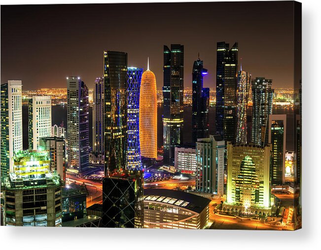Arabia Acrylic Print featuring the photograph Doha By Night, Qatar #1 by Mlenny