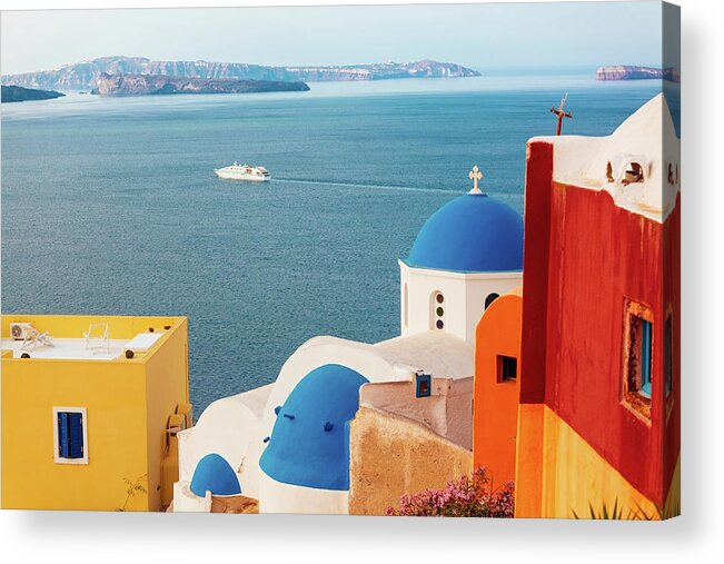 Scenics Acrylic Print featuring the photograph Domed Church In Oia, Santorini, Greece #1 by Deimagine