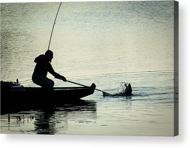 Fish Acrylic Print featuring the photograph Fisherman Catching Fish On A Twilight Lake by Andreas Berthold