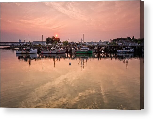 Early Morning Acrylic Print featuring the photograph Hazy Sunrise Over The Commercial Pier Portsmouth NH by Jeff Sinon