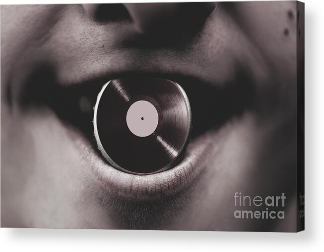 Music Acrylic Print featuring the photograph Jukebox DJ holding vinyl soda bottle lid in mouth #1 by Jorgo Photography