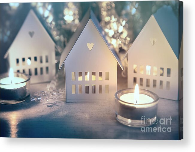 Bright Acrylic Print featuring the photograph Little candle houses lit for Christmas #1 by Sandra Cunningham