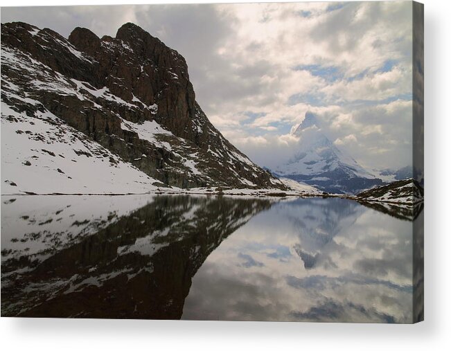 Matterhorn Acrylic Print featuring the photograph Matterhorn reflection from Riffelsee Lake #1 by Jetson Nguyen