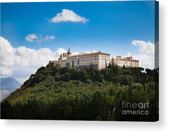 Abbazia Di Montecassino Acrylic Print featuring the photograph Monte cassino abbey on top of the mountain #1 by Peter Noyce