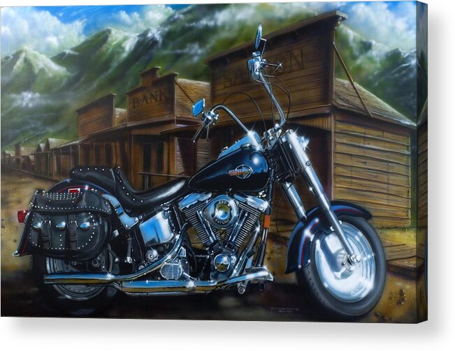 Harley Davidson Acrylic Print featuring the painting Old West Fat Boy by Timothy Scoggins