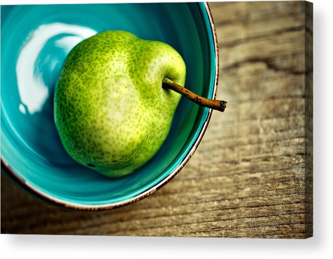 Pear; Pears; Fruit; Ripe; Juicy; Fruits; Group; Many; Row; Heap; Whole; Stoneware; Bowl; Blue Acrylic Print featuring the photograph Pears #1 by Nailia Schwarz