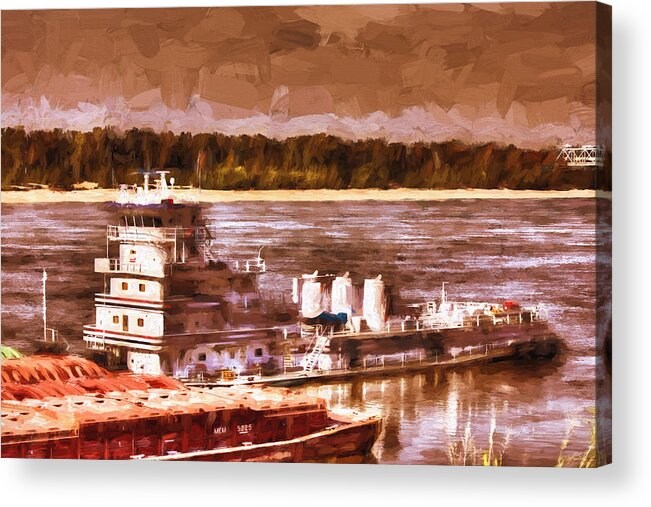 Push That Barge Acrylic Print featuring the painting Riverboat - Mississippi River - Push That Barge by Barry Jones